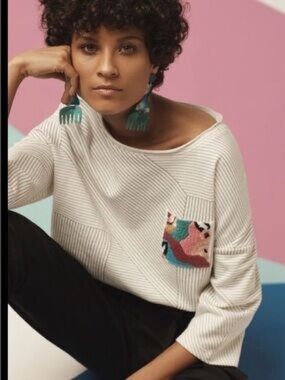 Anthropologie Cream Ribbed Scoop-Neck Sweater with Multicolor Pocket